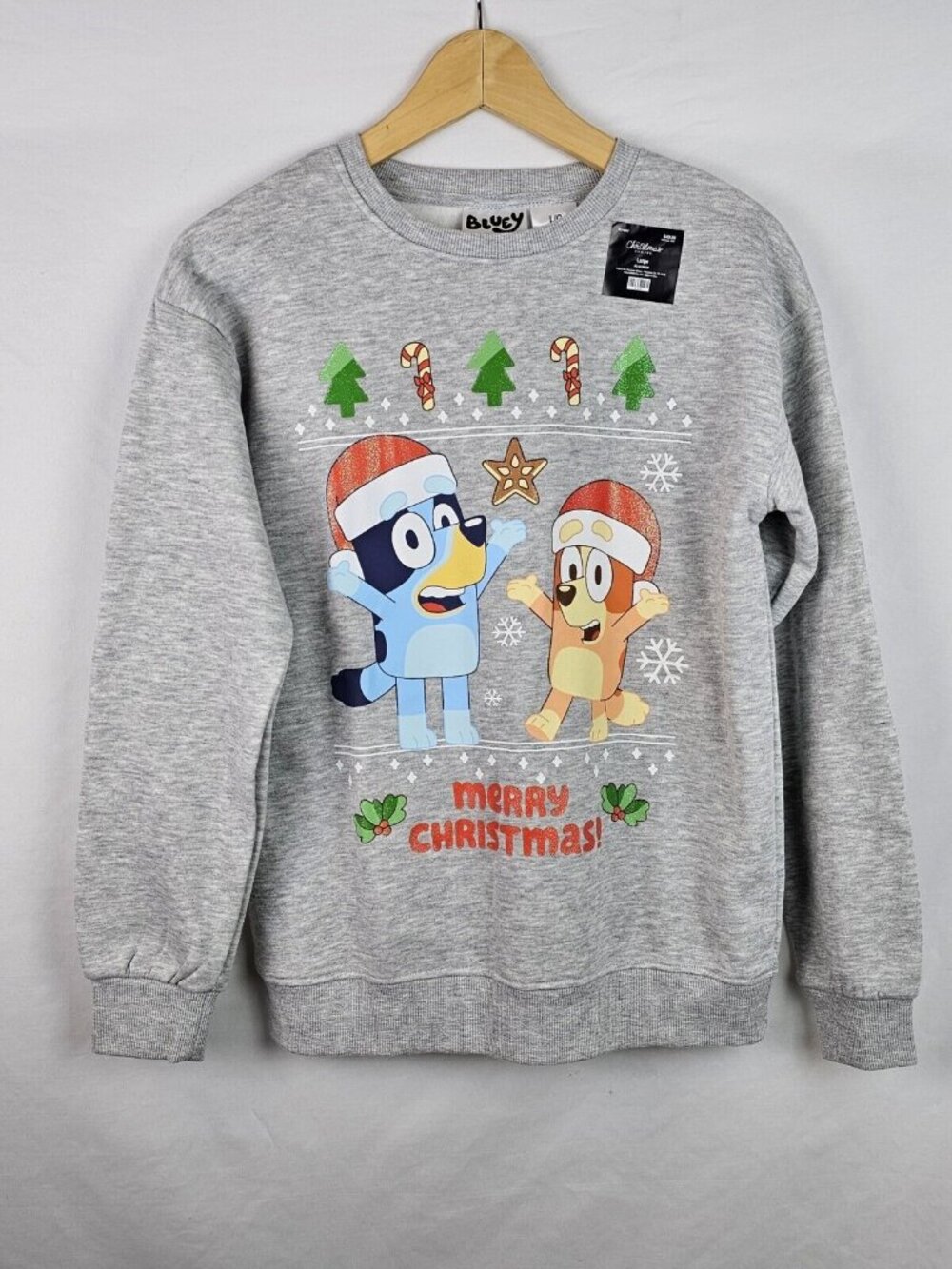 Bluey Christmas Sweatshirt Kids Size Large Gray BBC Studios Cartoon Bingo Shirt
